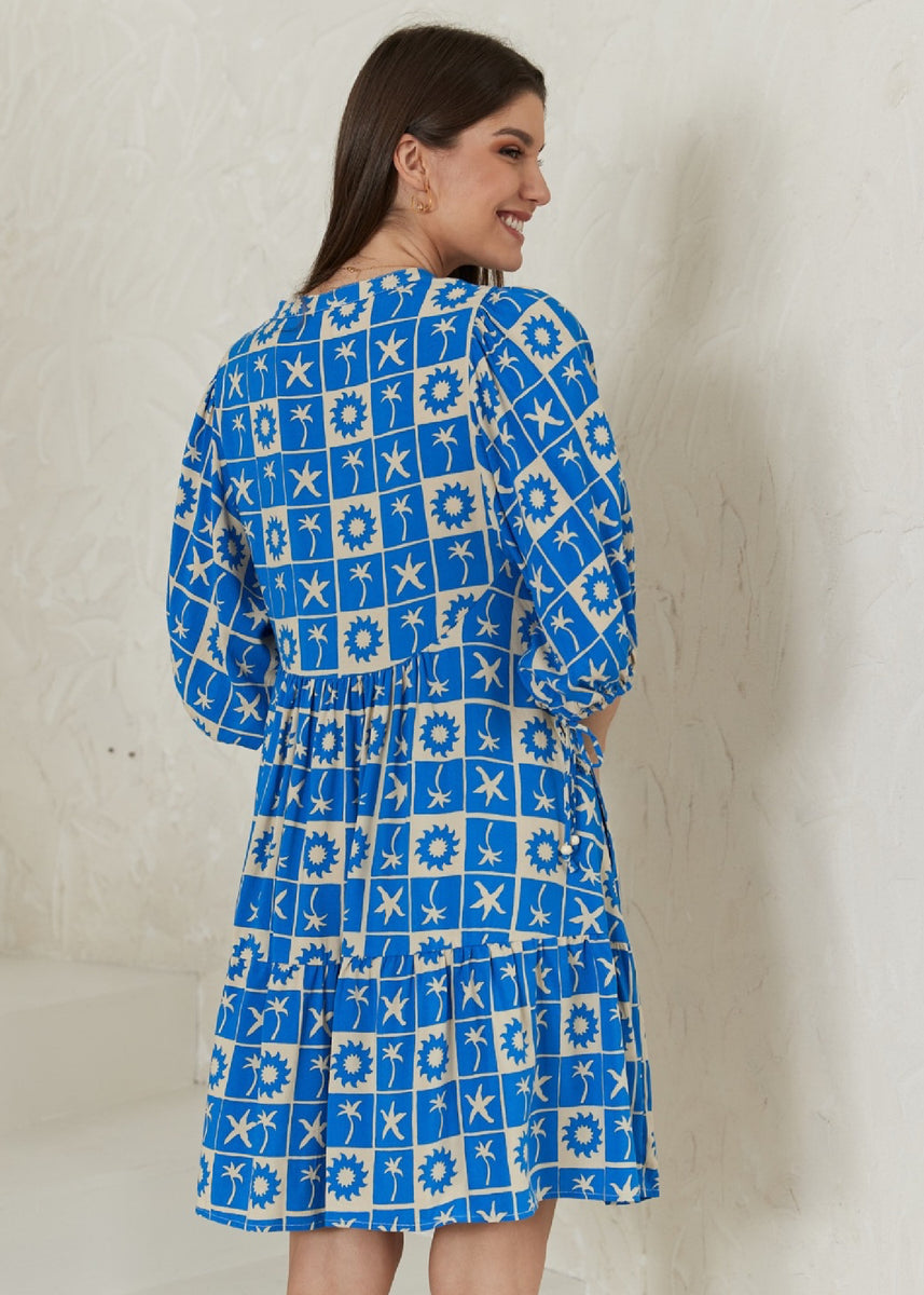 DANIKA DRESS - BLUE TILE PRINT Court & Spark Boutique DANIKA DRESS - BLUE TILE PRINT Court & Spark Boutique