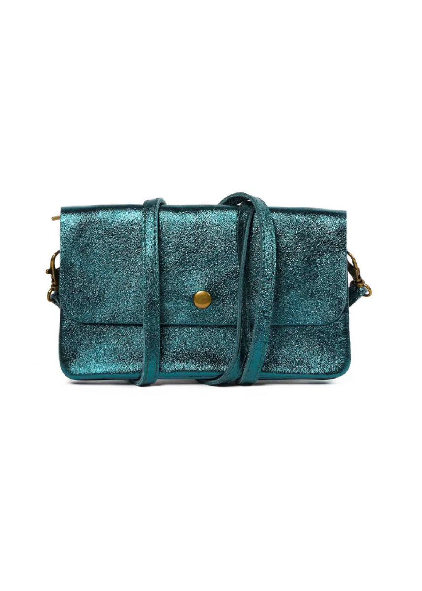 LINE LEATHER CROSS BODY CLUTCH - METALLIC EMERALD