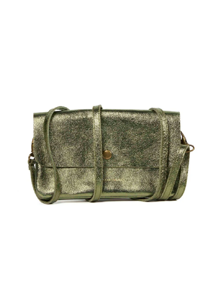 LINE LEATHER CROSS BODY CLUTCH - METALLIC KHAKI