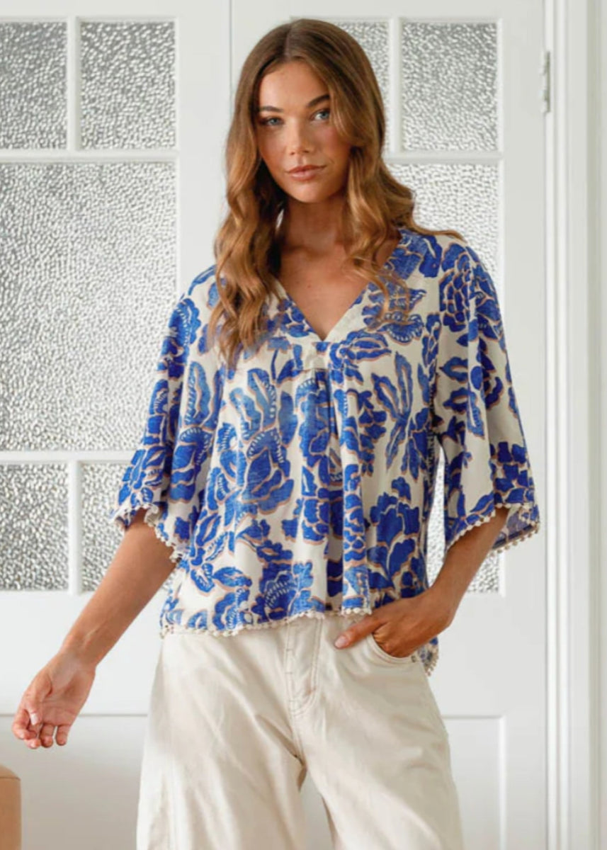 GABRIELLA TOP - INDIGO BLOOM PRINT