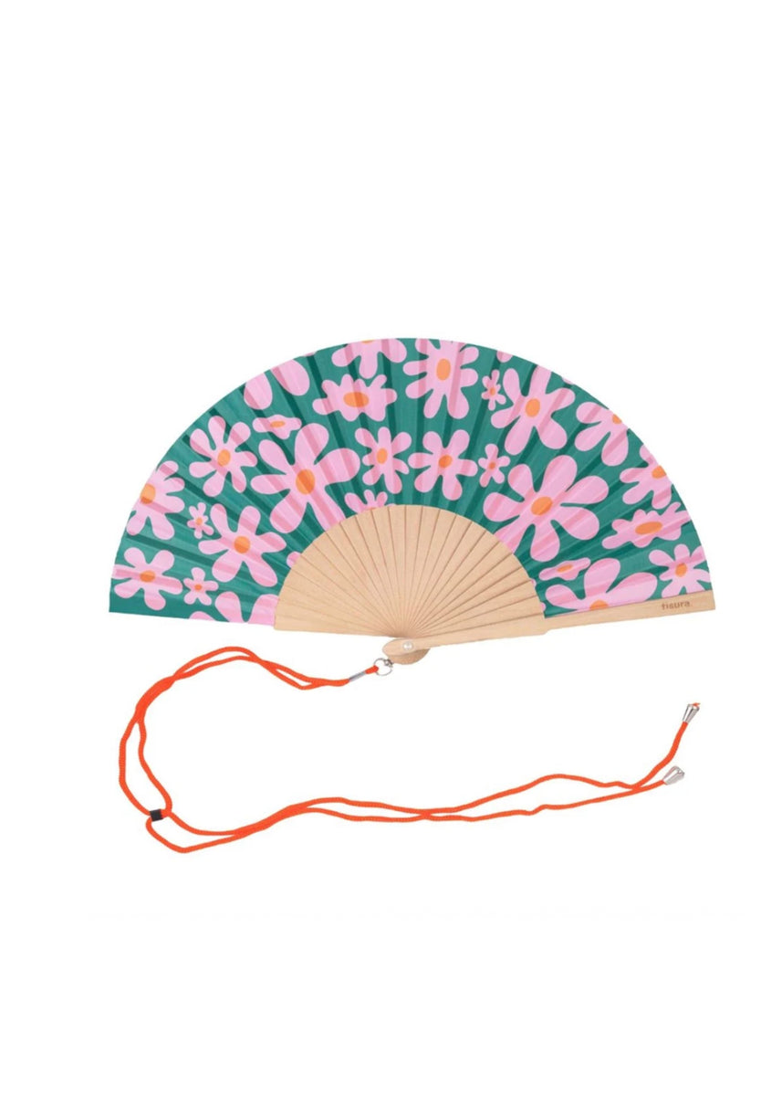 HAND FAN - PINK AND GREEN FLOWERS