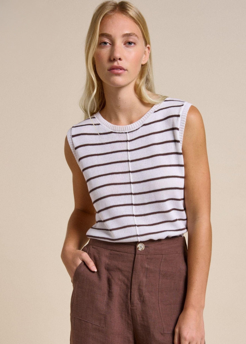 INDI TANK - WHITE/CHOCOLATE STRIPE