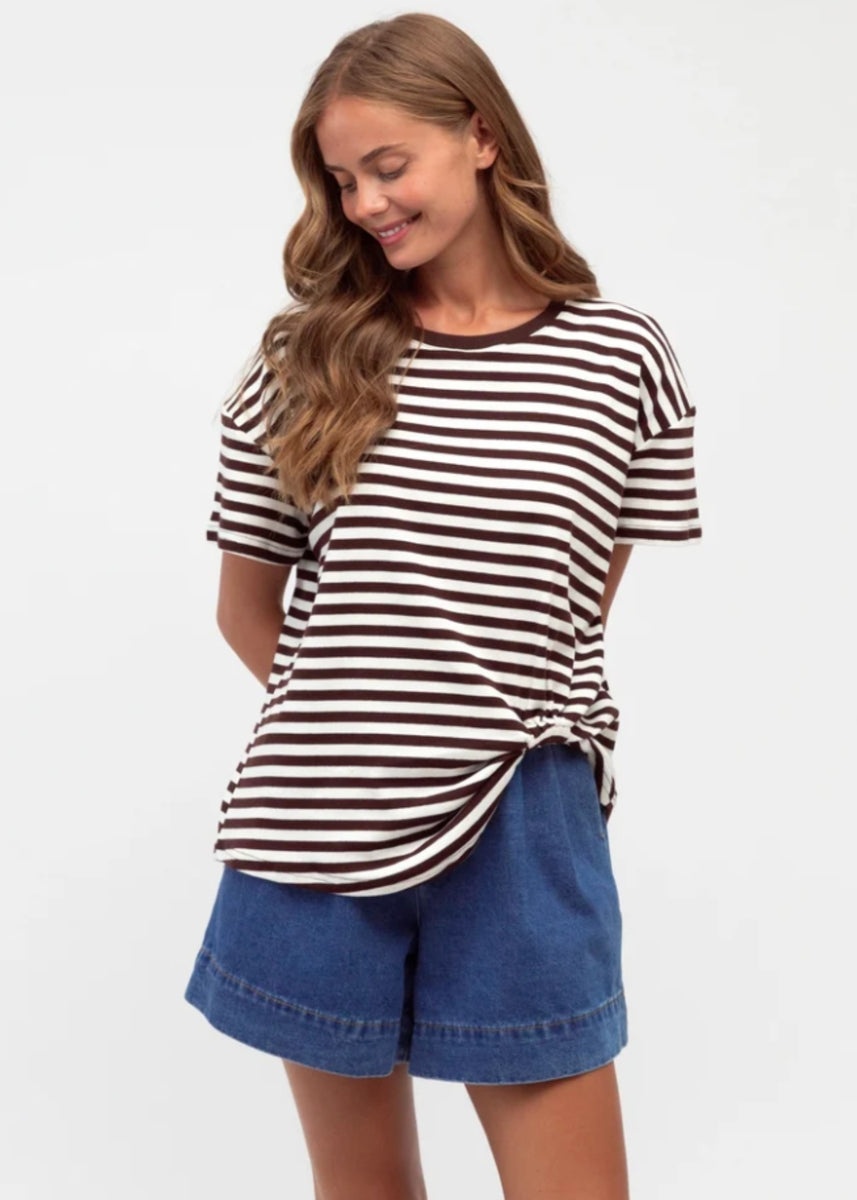 TERESA EASY TUCK TEE - IVORY CHOCOLATE STRIPE
