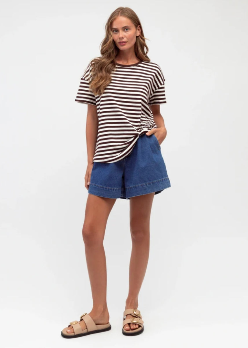 TERESA EASY TUCK TEE - IVORY CHOCOLATE STRIPE