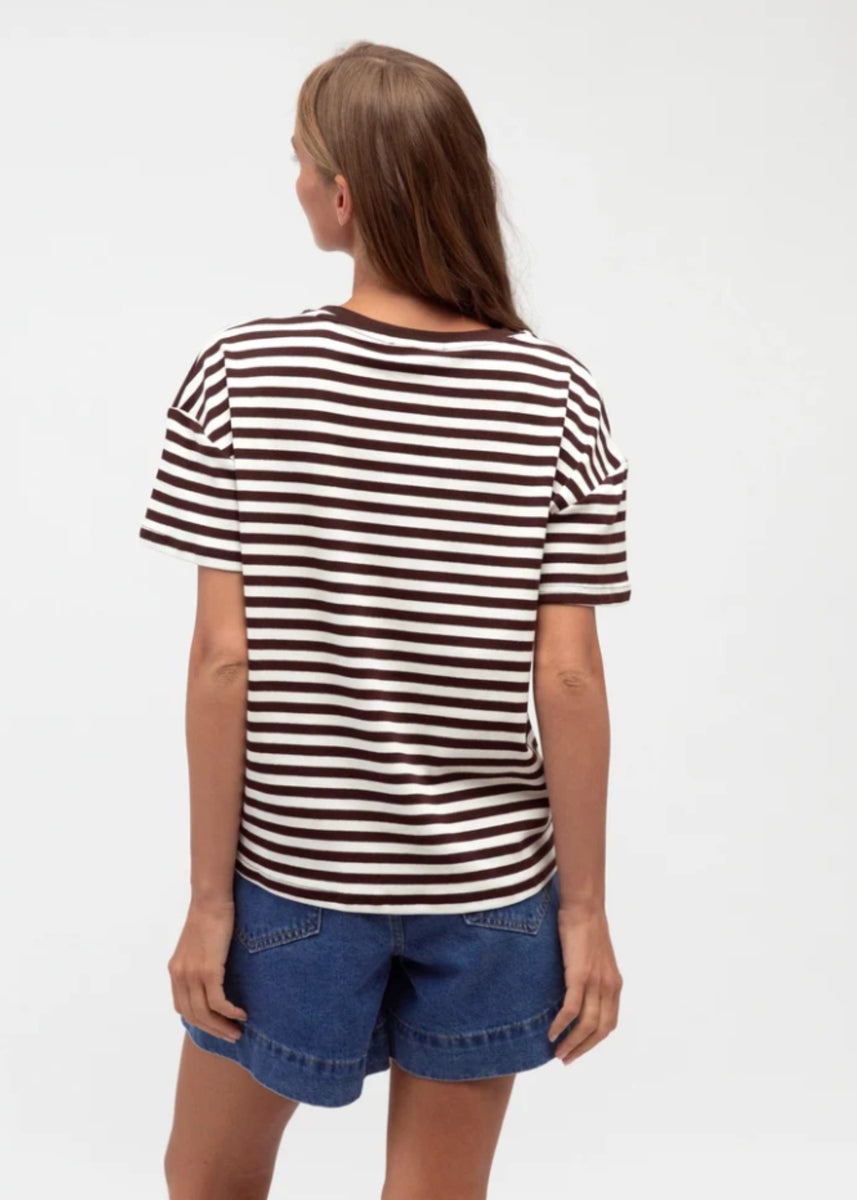 TERESA EASY TUCK TEE - IVORY CHOCOLATE STRIPE