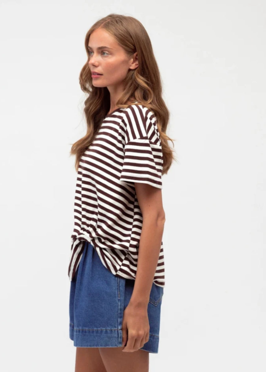 TERESA EASY TUCK TEE - IVORY CHOCOLATE STRIPE