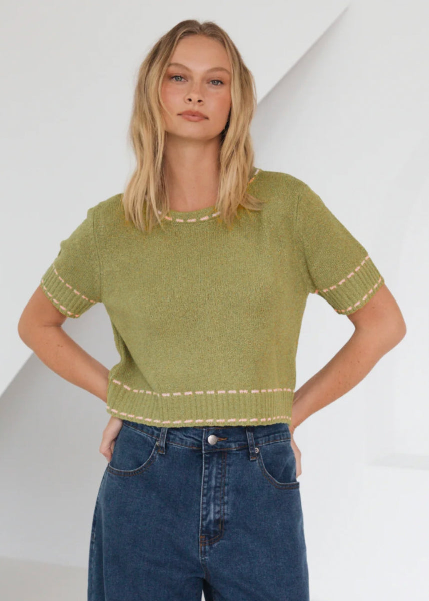 SAM CONTRAST KNIT TEE - GREEN/PINK