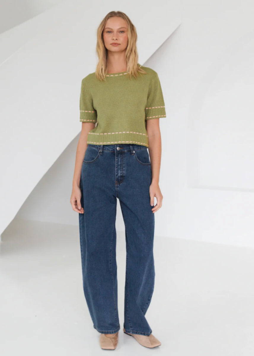 SAM CONTRAST KNIT TEE - GREEN/PINK
