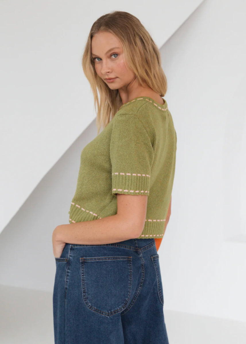 SAM CONTRAST KNIT TEE - GREEN/PINK