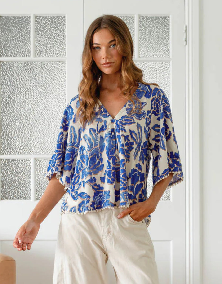 GABRIELLA TOP - INDIGO BLOOM PRINT