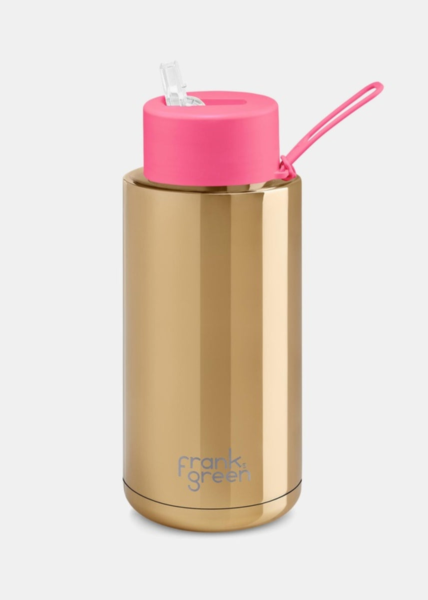 CERAMIC REUSABLE BOTTLE 1L - GOLD WITH NEON PINK LID